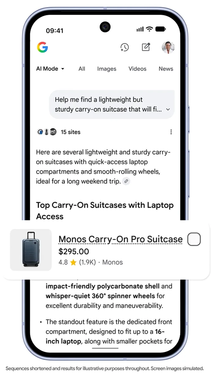 AI Mode de Google mostrando resultados de búsqueda de maletas con ficha de producto, precio y valoraciones